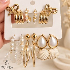 پک گوشواره ۶ عددی صدف و مروارید