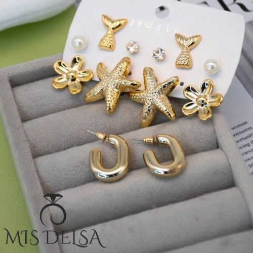 پک گوشواره ۶ عددی طرح دریایی و گل طلایی