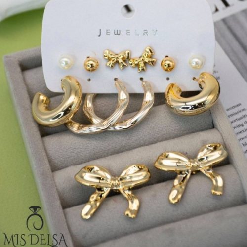 پک گوشواره ۶ عددی پاپیون و حلقه ای