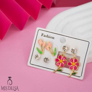 گوشواره گل سرخابی 3 عددی